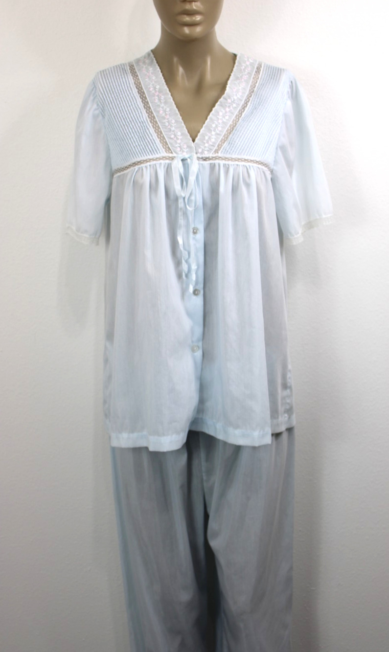 Vintage 70s BARBIZON Pajama Set Top & Pants Sleep Lounge Baby Blue Size M